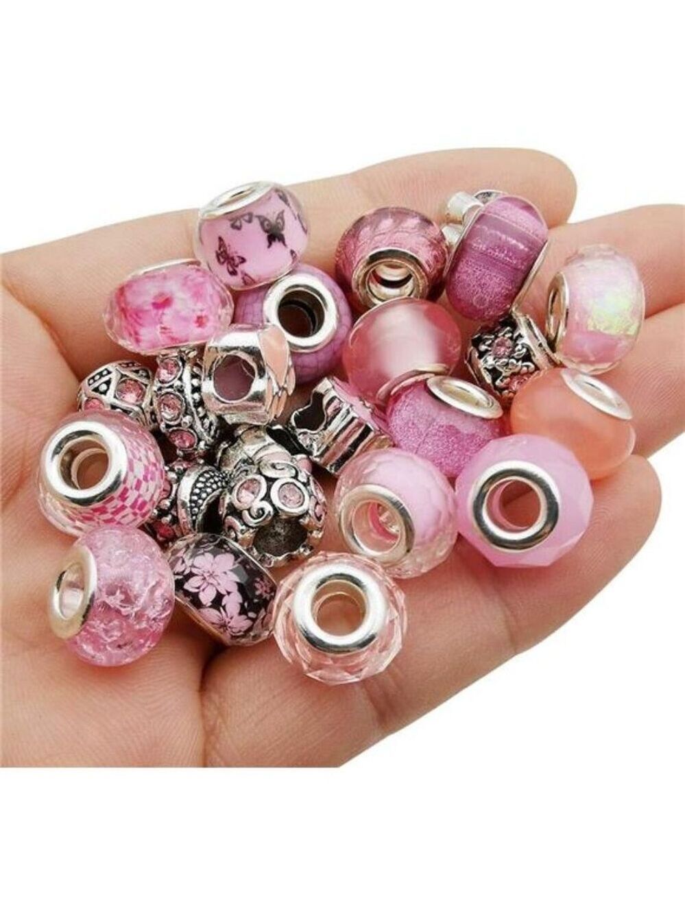 50pcs Pink European Large Hole Beads Resin Rhinestone Metal Spacer Charms DIY Je